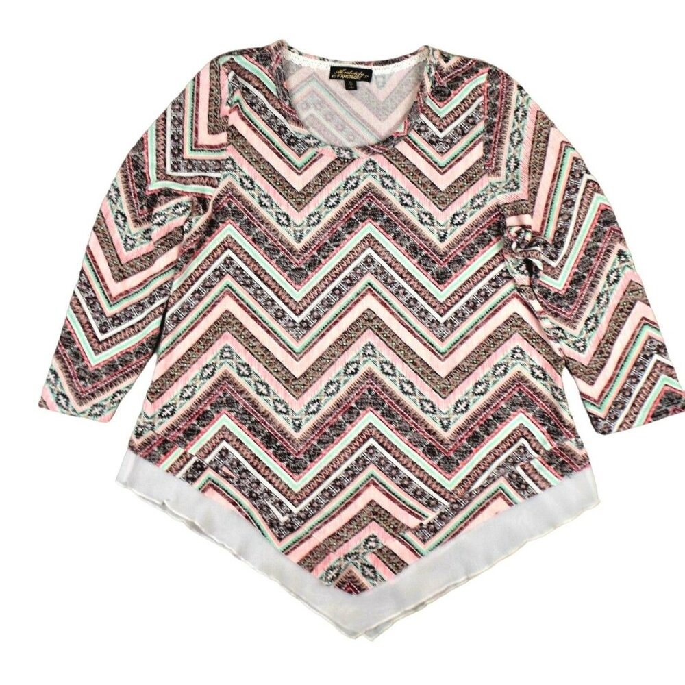 Womans Soft Knit Top Geometric Brown Peach Angular Hemline Size XL    JH1008